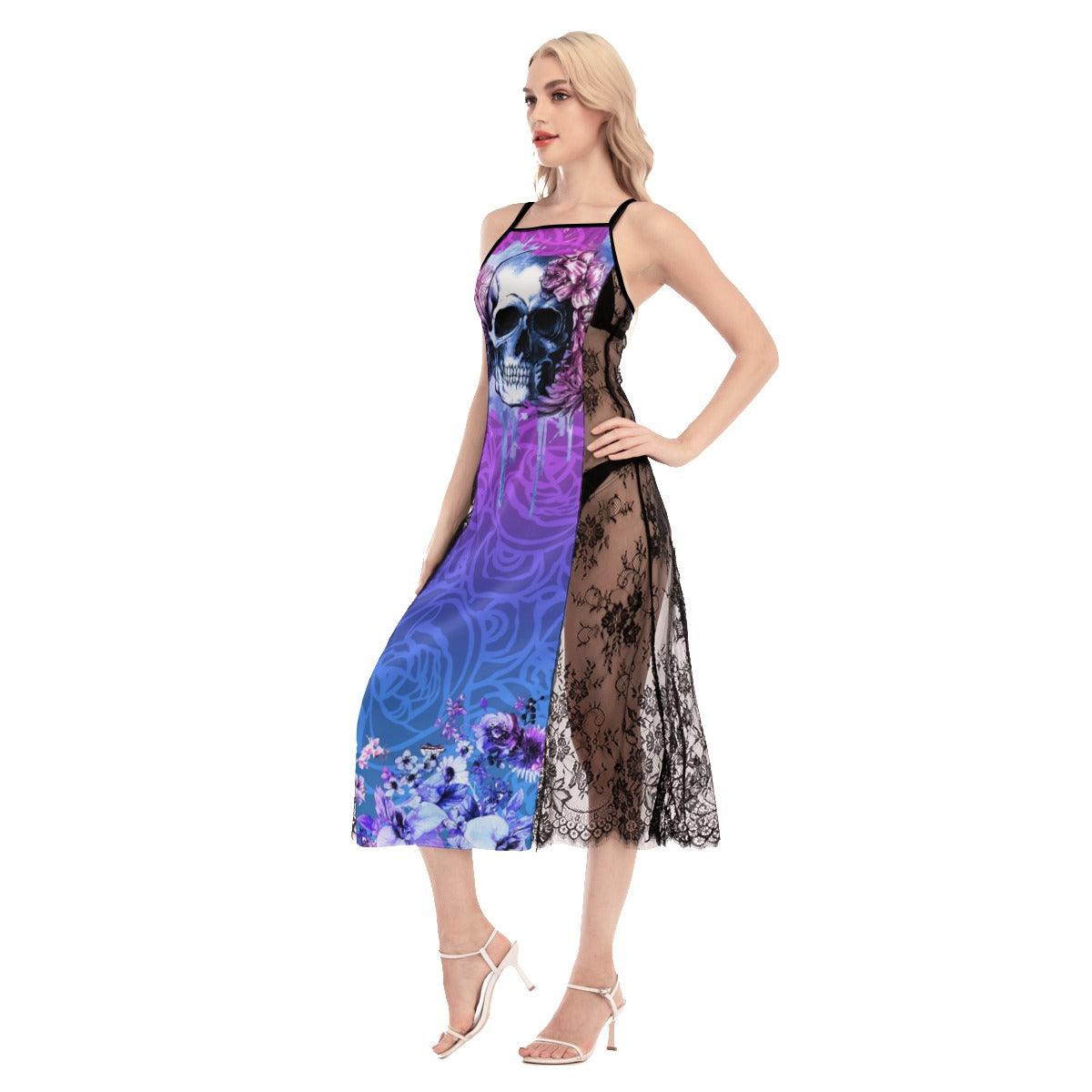 Hot Skull Rose Lace Cami Cross Back Women Dress - Wonder Skull