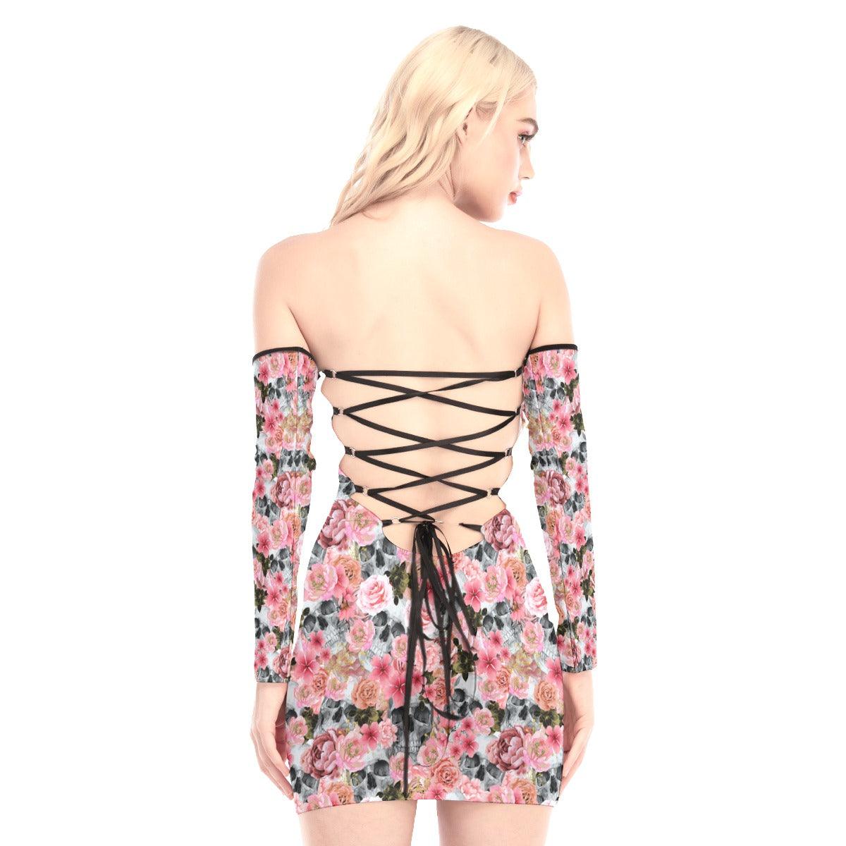 Chaotic Pink Rose Skull Off-shoulder Back Lace-up Dress - Wonder Skull