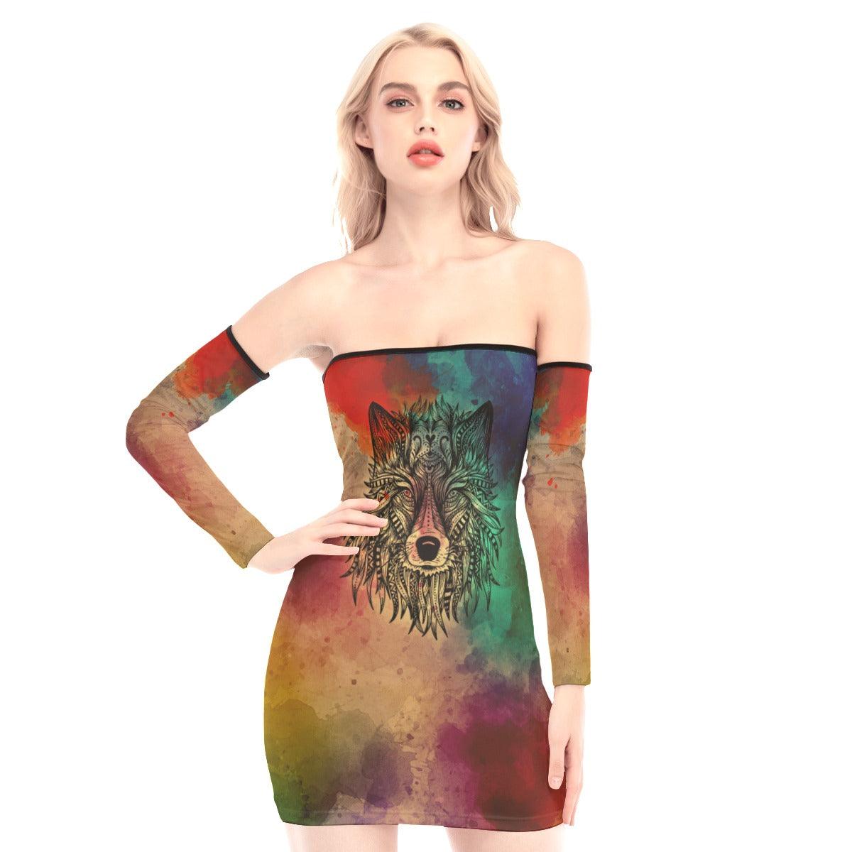 Wolf Painting Art Off-shoulder Back Lace-up Dress - Wonder Skull