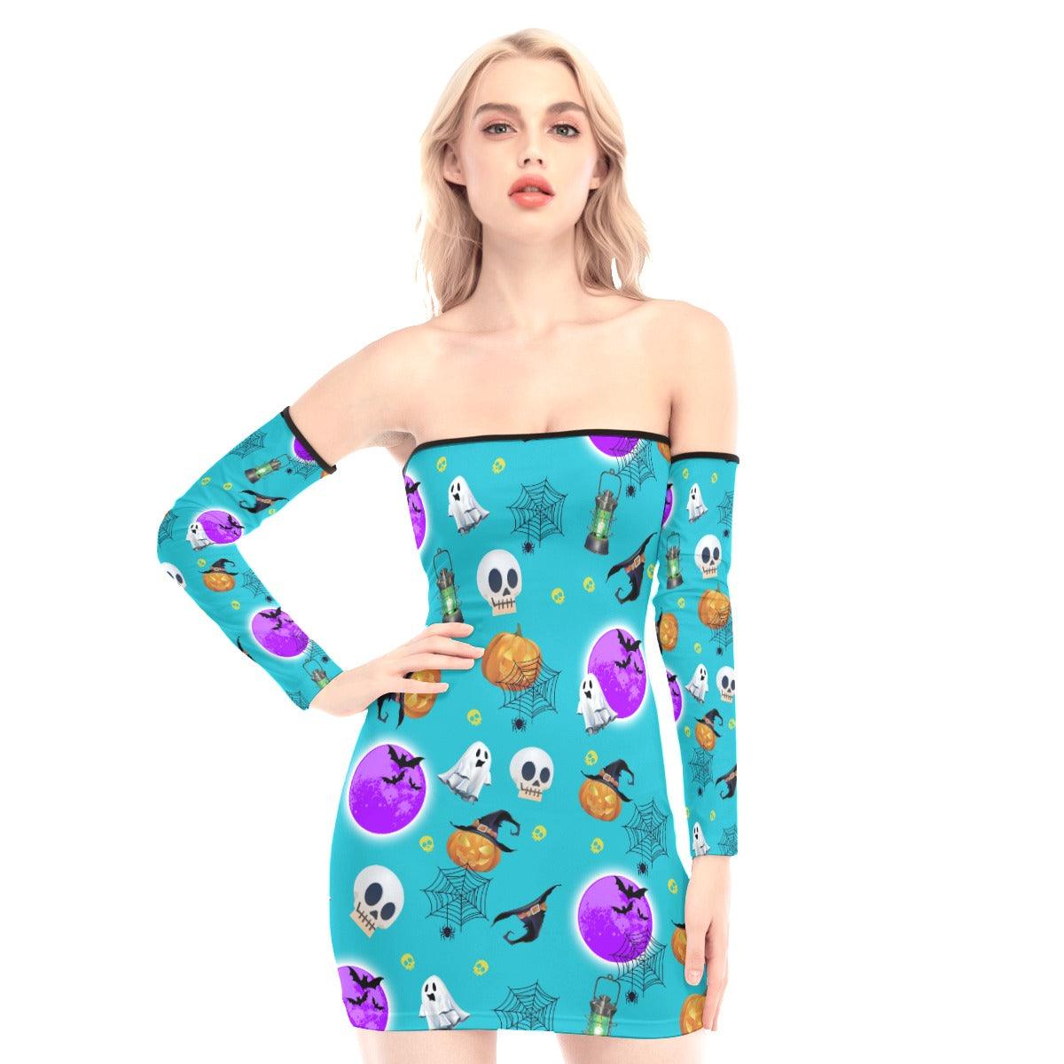 Cyan Halloween Pattern Off-shoulder Back Lace-up Dress - Wonder Skull