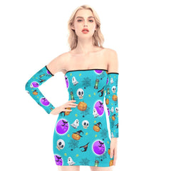 Cyan Halloween Pattern Off-shoulder Back Lace-up Dress - Wonder Skull