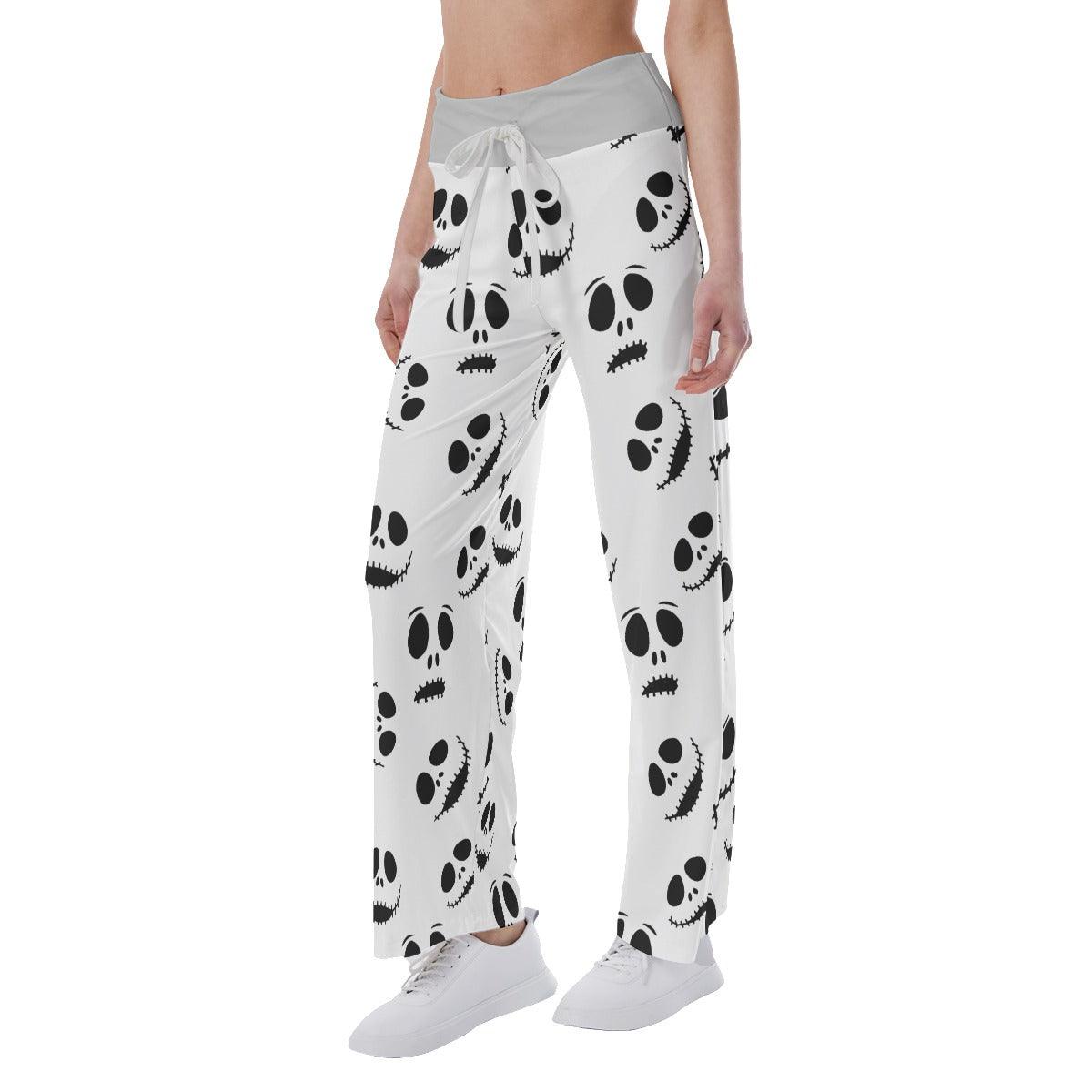 Nightmare White Face Pattern Pajama Pants Print Drawstring Palazzo Lounge - Wonder Skull