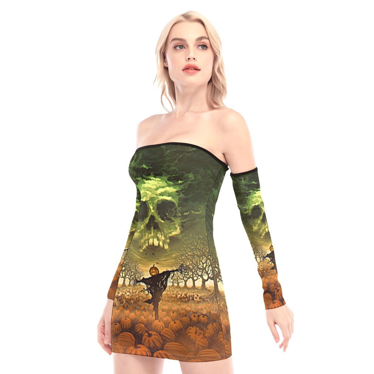 Halloween Skull Pumpkin Off-shoulder Back Lace-up Dress - Wonder Skull