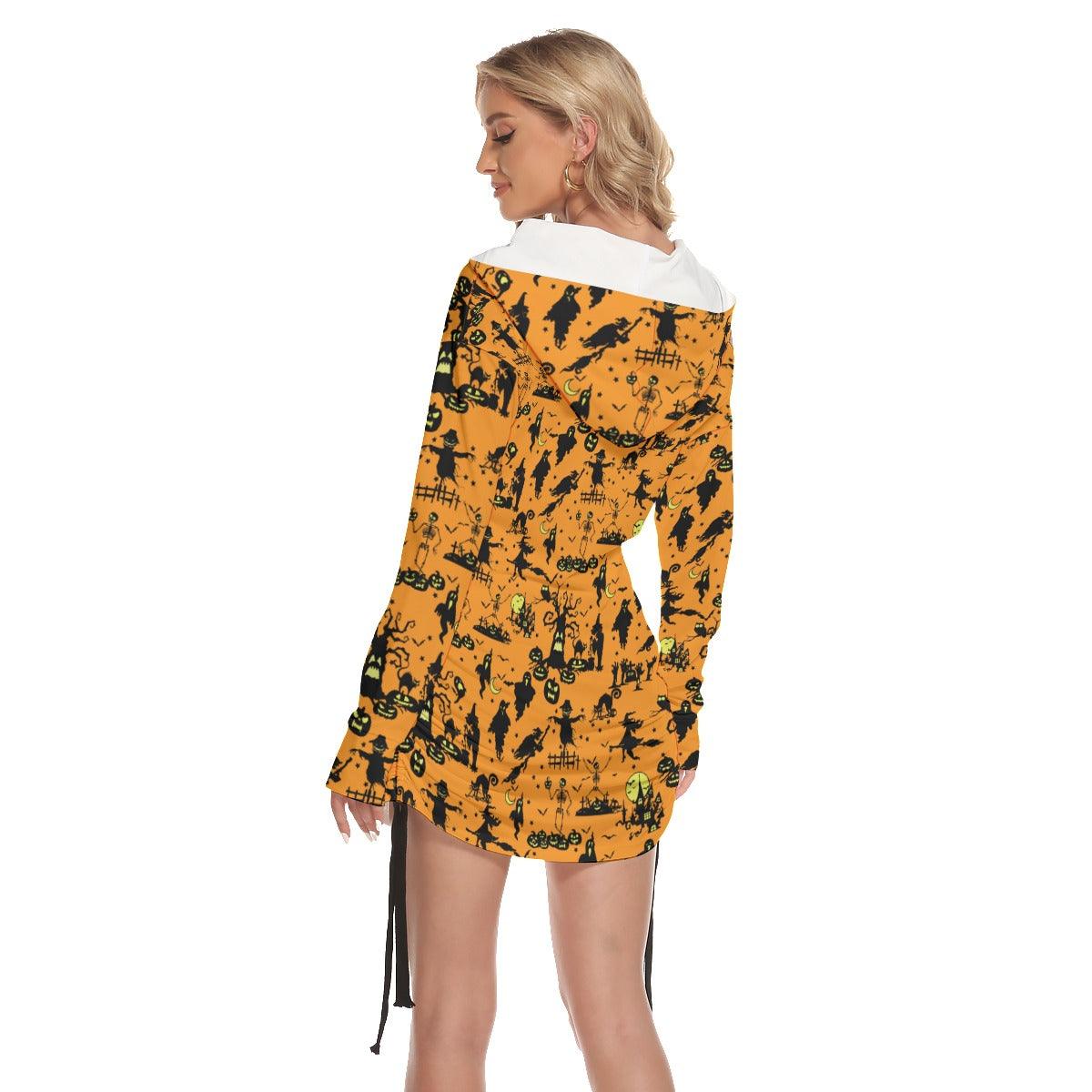 Halloween Witchy Night All Over Print Women One Shoulder Dress With Waist Shirring, Long Hoodie For Women - Wonder Skull
