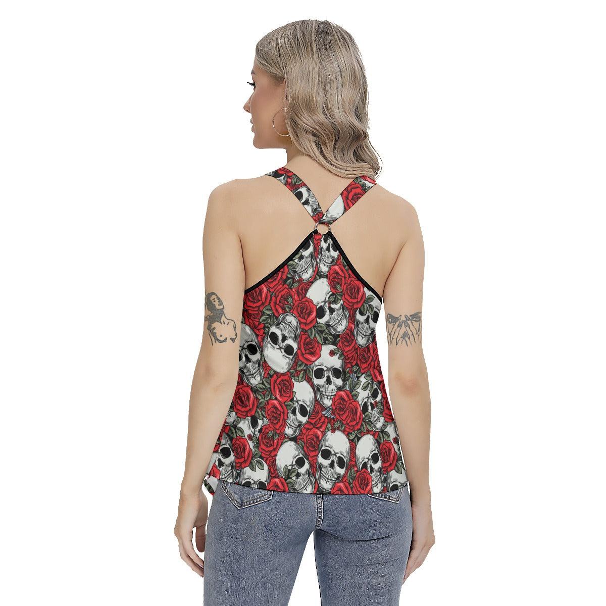 Rose Skull Pattern Gothic Women's Racing Tank Top With Irregular - Wonder Skull