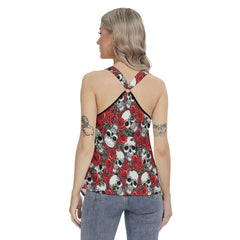 Rose Skull Pattern Gothic Women's Racing Tank Top With Irregular - Wonder Skull