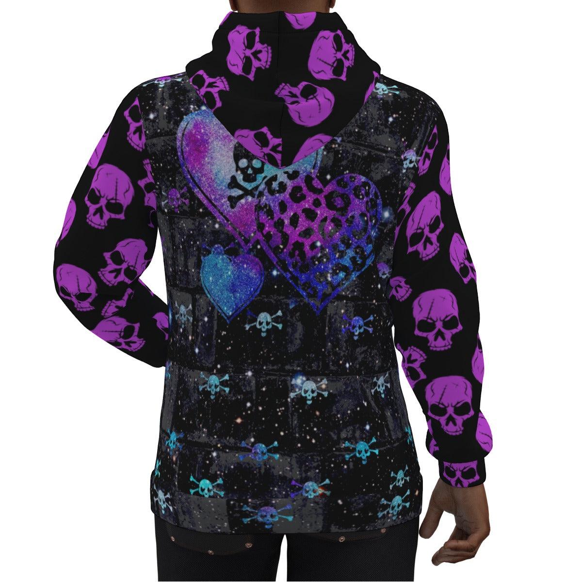 Violet Skull Heart Print Unisex Pullover Hoodie-Wonder Skull