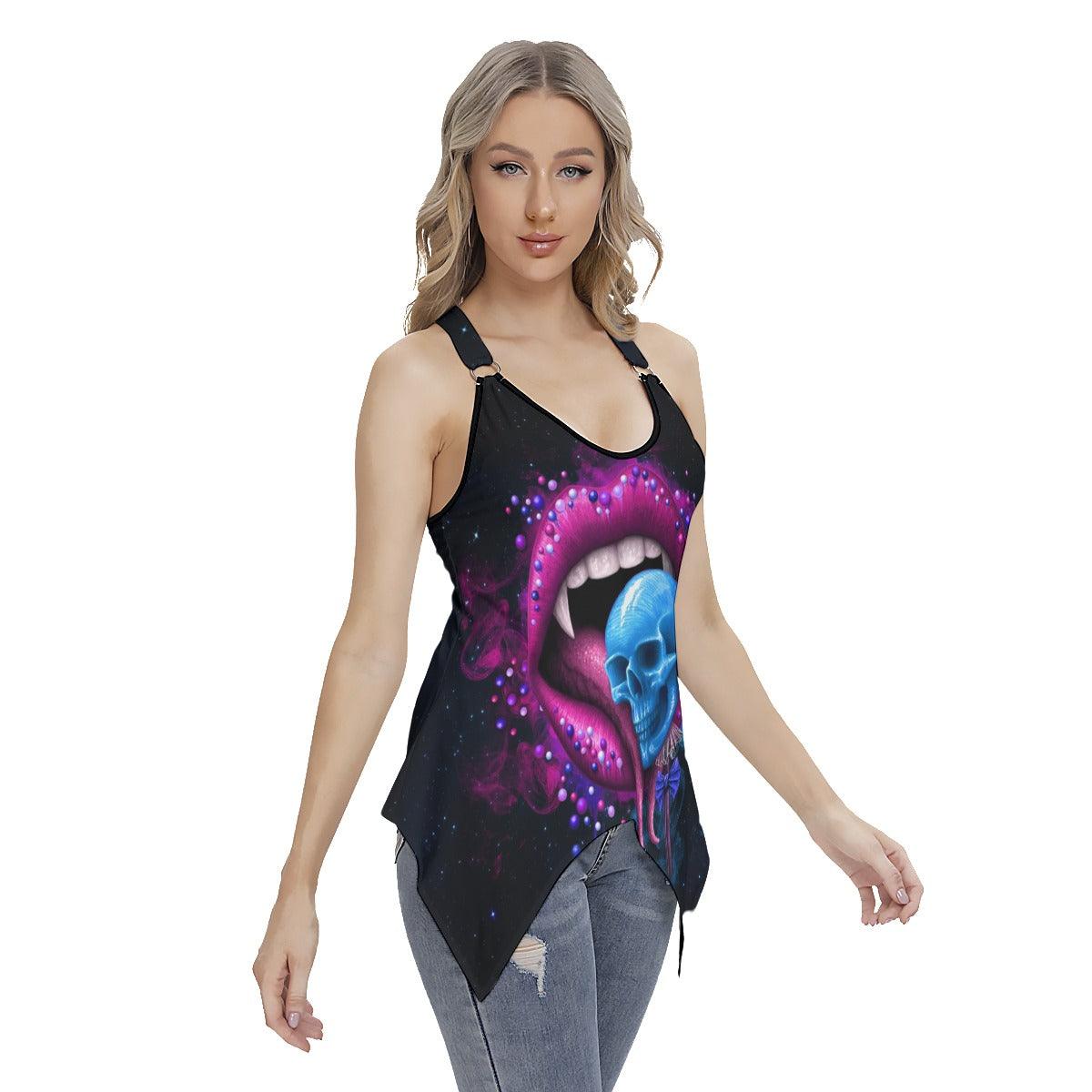 Pink Lips Skull Gothic Women's Racing Tank Top With Irregular - Wonder Skull