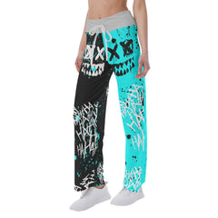 Half Cyan Half Black Hahaha Face Smile High-waisted Straight-leg Trousers - Wonder Skull