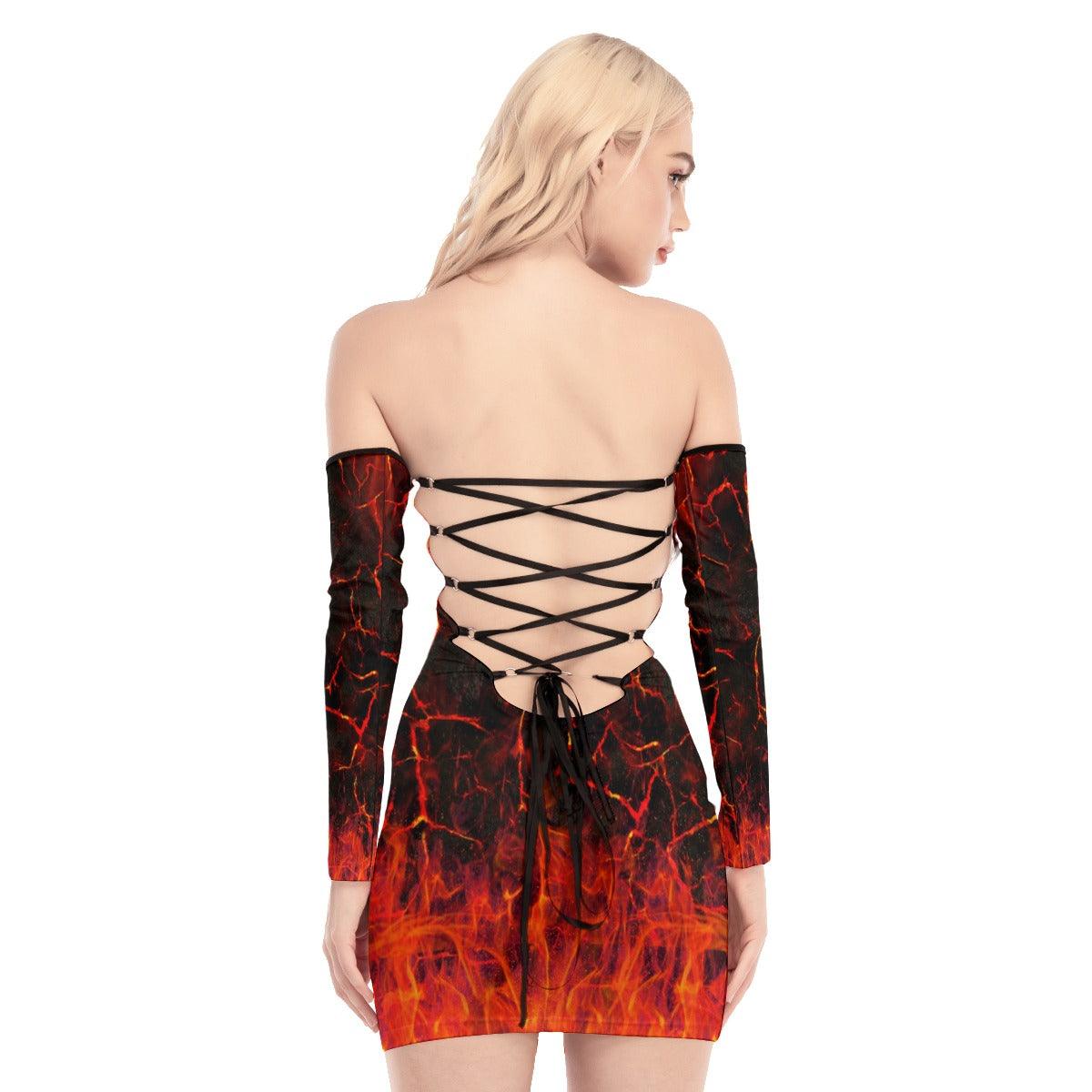 Skull Sugar Fire Off-shoulder Back Lace-up Dress - Wonder Skull