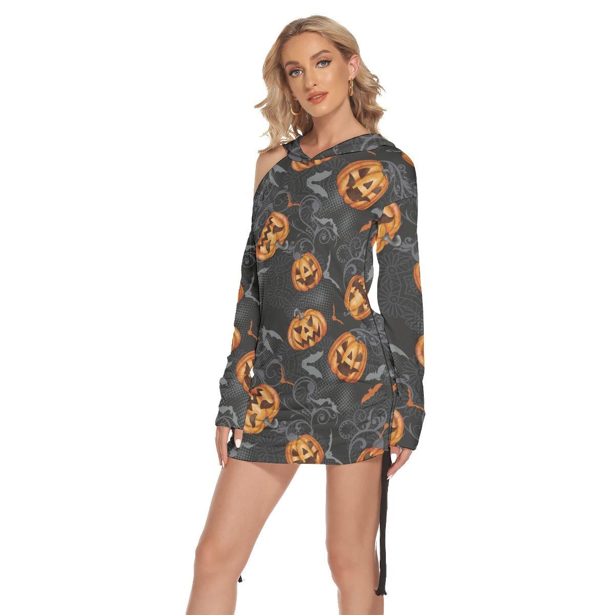 Halloween Bat Pumpkin All Over Print Women One Shoulder Dress With Waist Shirring - Wonder Skull