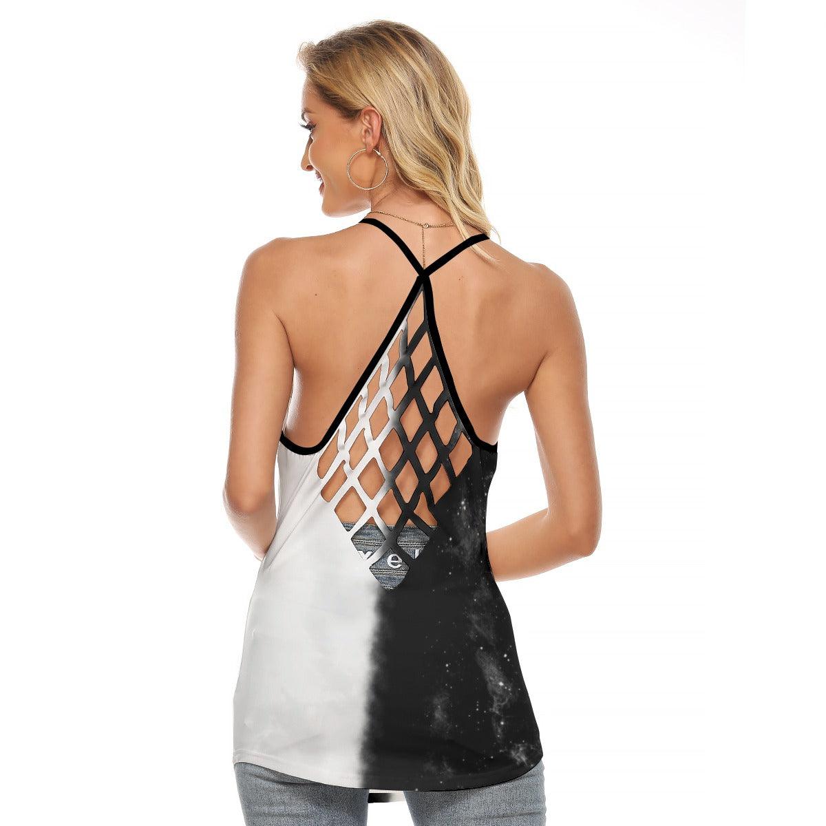Black & White Wolf Criss-Cross Open Back Tank Top, Hot T-Shirt For Women - Wonder Skull