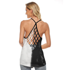 Black & White Wolf Criss-Cross Open Back Tank Top, Hot T-Shirt For Women - Wonder Skull