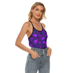 Negative Purple Skull Rose Criss-Cross Open Back Tank Top, Coolest T-Shirt For Women - Wonder Skull