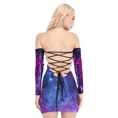 Skull Gothic Pink Galaxy Off-shoulder Back Lace-up Dress - Wonder Skull