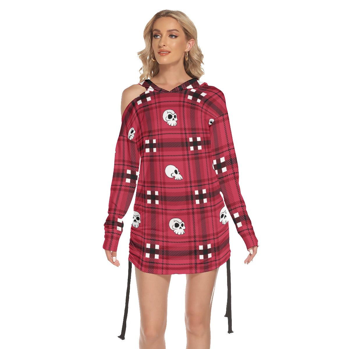 Christmas Red Black Skull Plaid Print Open Shoulder Dress - Wonder Skull