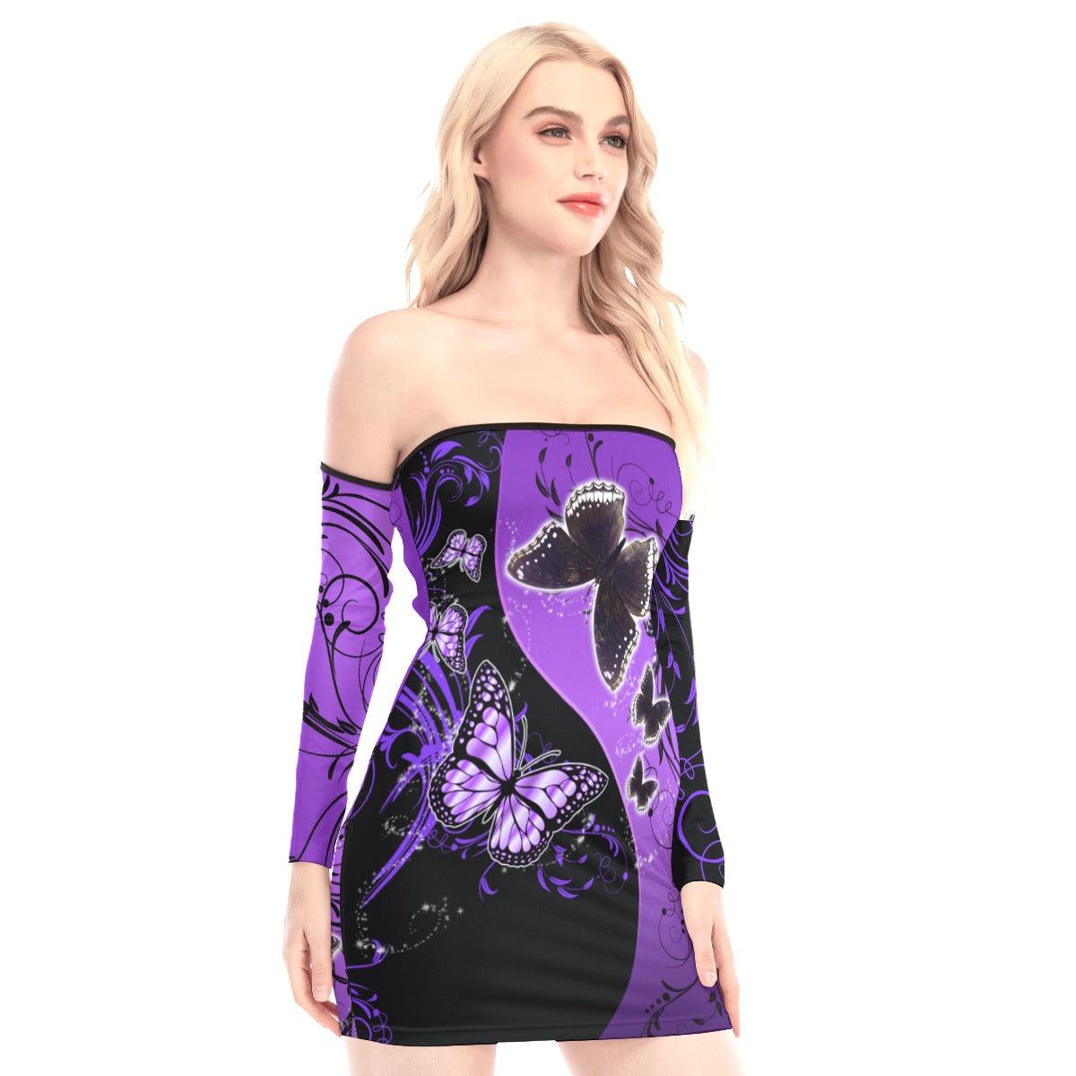 Lavender Butterflies Off-shoulder Back Lace-up Dress - Wonder Skull