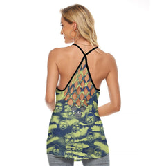 Green Blue Skull Camo Pattern Criss-Cross Open Back Tank Top, Trending T-Shirt For Women - Wonder Skull
