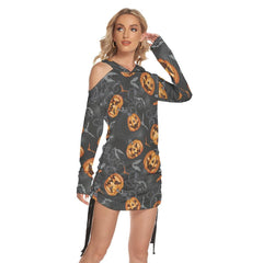 Halloween Bat Pumpkin All Over Print Women One Shoulder Dress With Waist Shirring - Wonder Skull