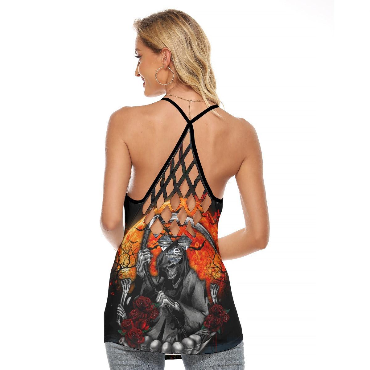 Halloween Skull Death Criss-Cross Open Back Tank Top, Hot T-Shirt For Women - Wonder Skull