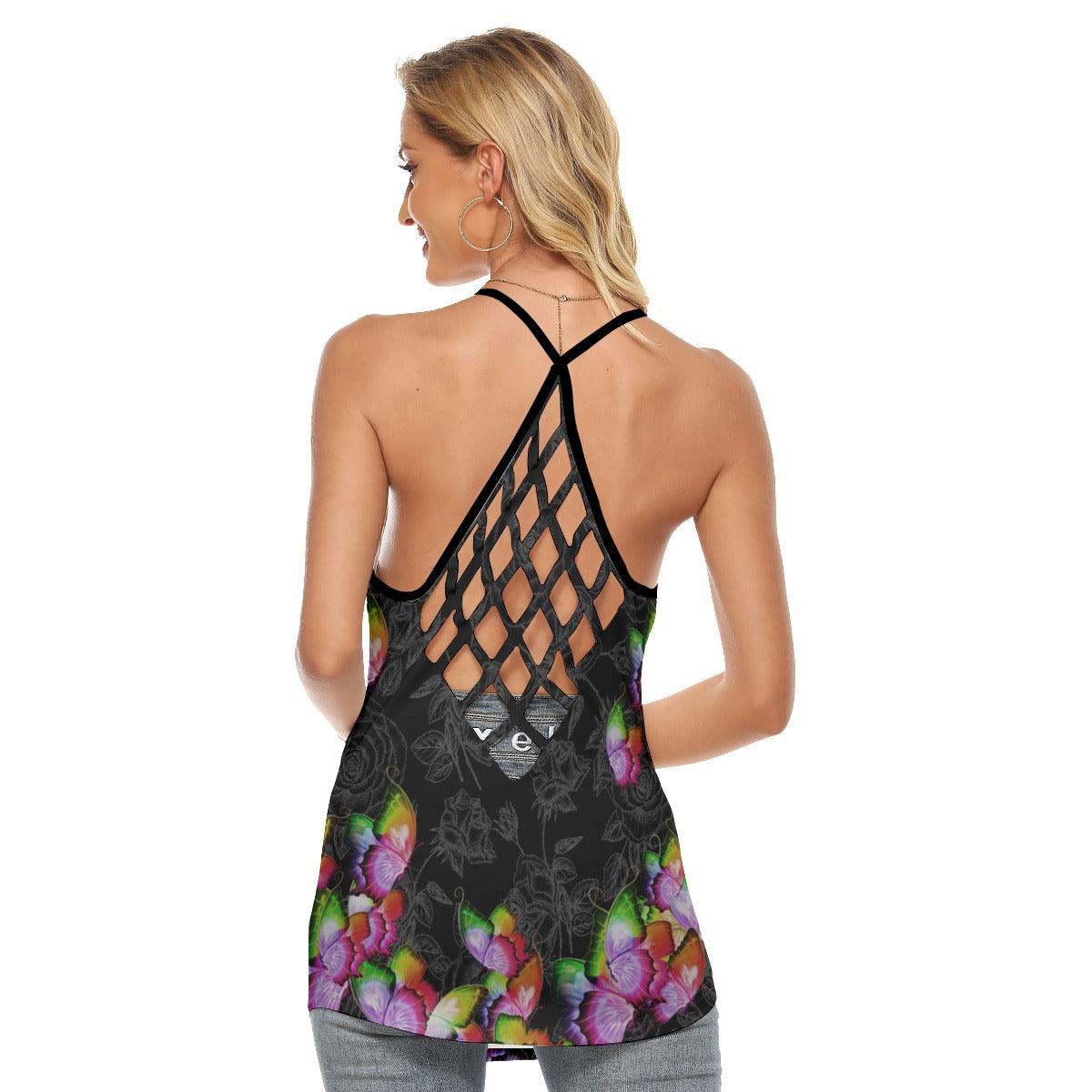 Skull Butterfly Neon Rainbow Criss-Cross Open Back Tank Top - Wonder Skull