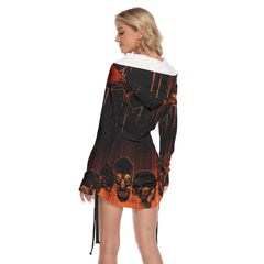 Skull Melting All Over Print Women One Shoulder Dress With Waist Shirring, Long Hoodie For Women - Wonder Skull
