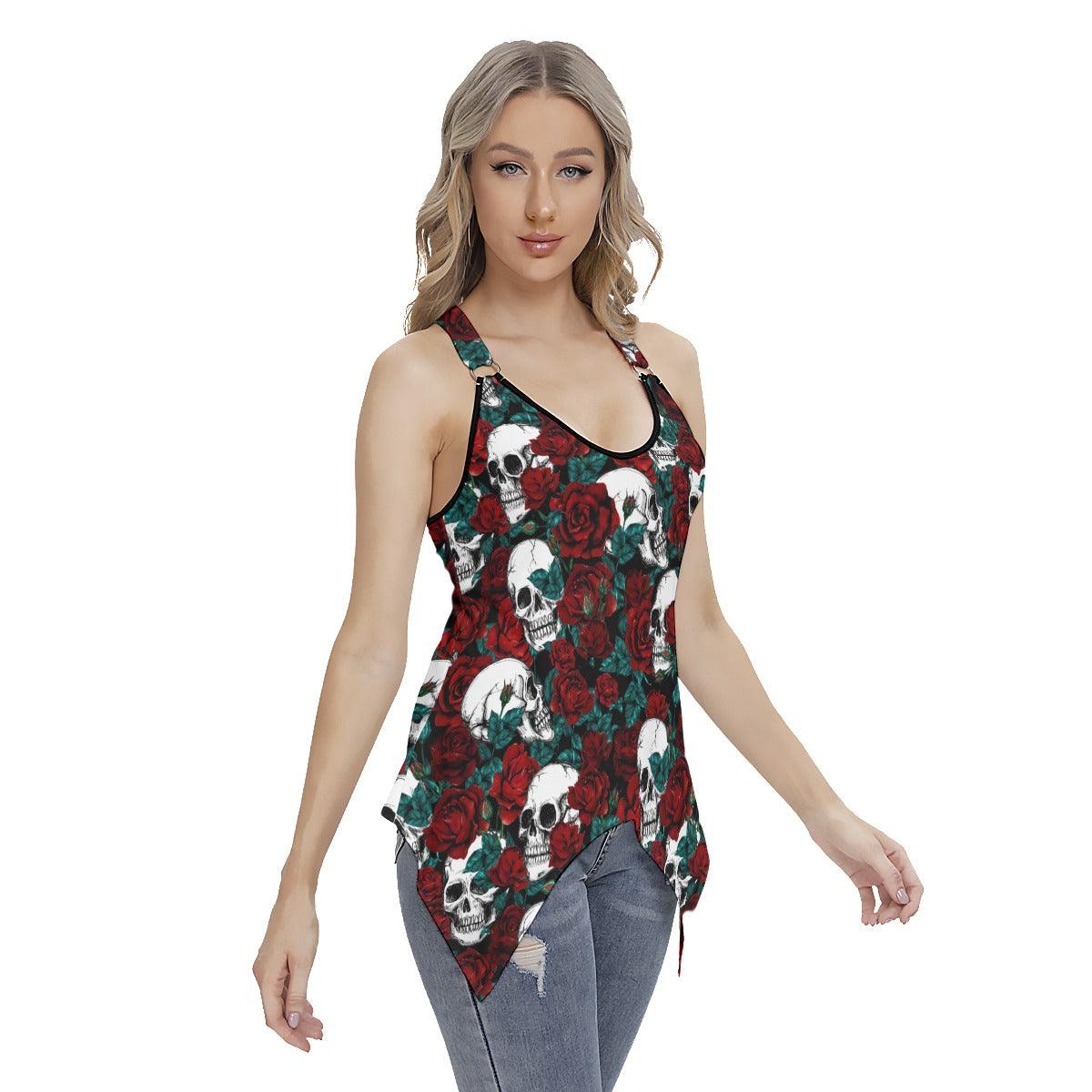 Rose Skull Pattern Women's Racing Tank Top With Irregular - Wonder Skull
