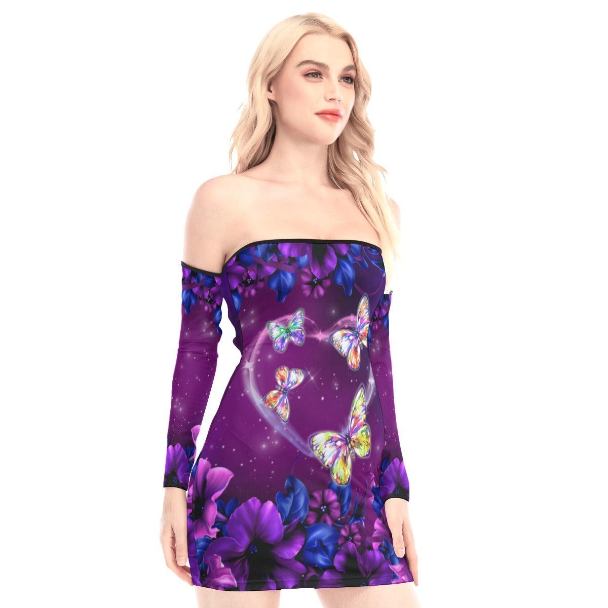 Purple Heart Butterfly Off-shoulder Back Lace-up Dress - Wonder Skull