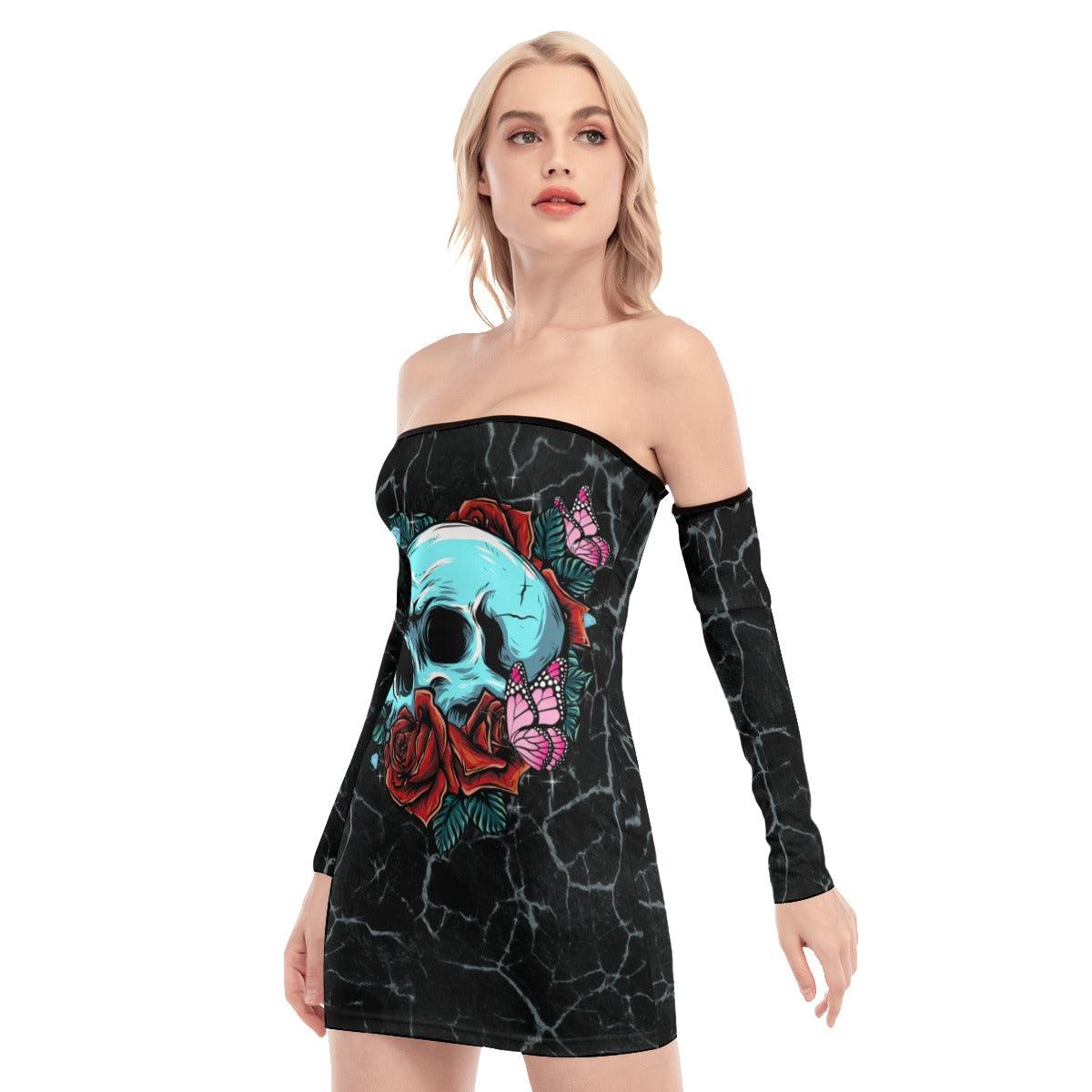 Skull Rose Crack Off-shoulder Back Lace-up Dress - Wonder Skull