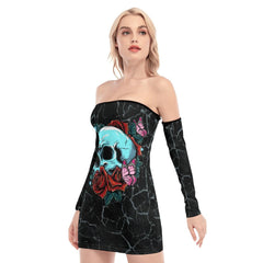 Skull Rose Crack Off-shoulder Back Lace-up Dress - Wonder Skull