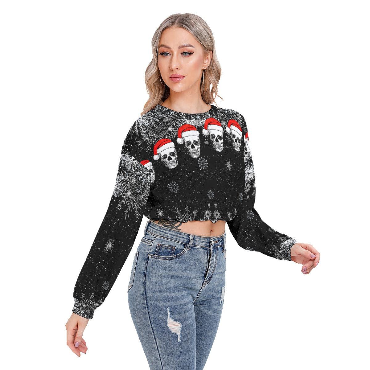 Black Skull Snowflake Sleeve Sweatshirt With Hem Drawstring - Wonder Skull