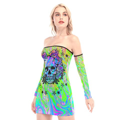 Green Holography Skull Off-shoulder Back Lace-up Dress - Wonder Skull