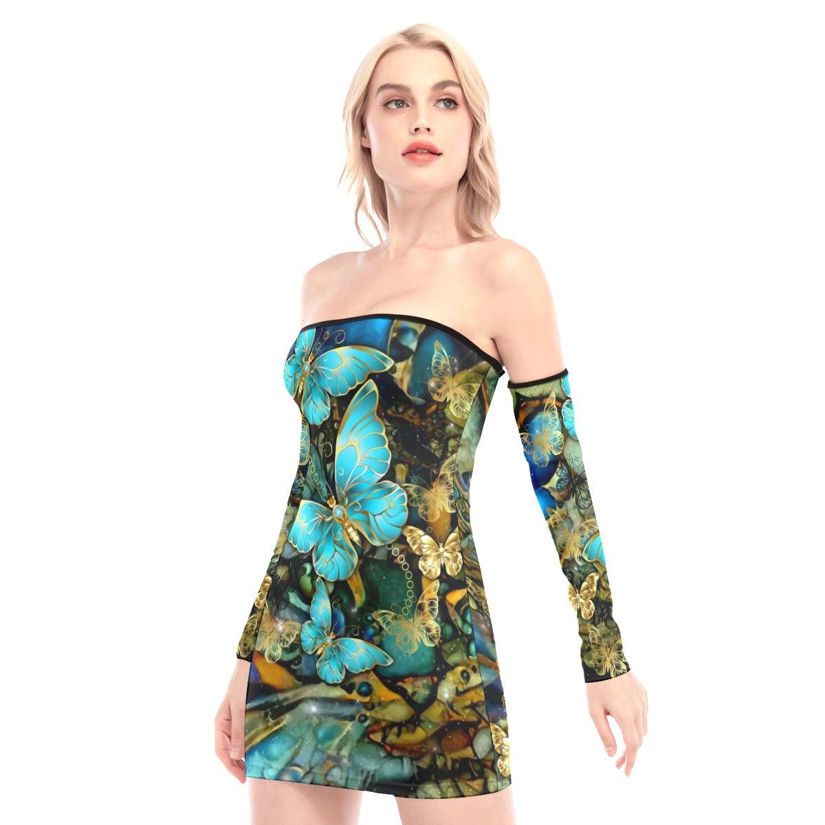 Blue Gold Butterflies Off-shoulder Back Lace-up Dress - Wonder Skull