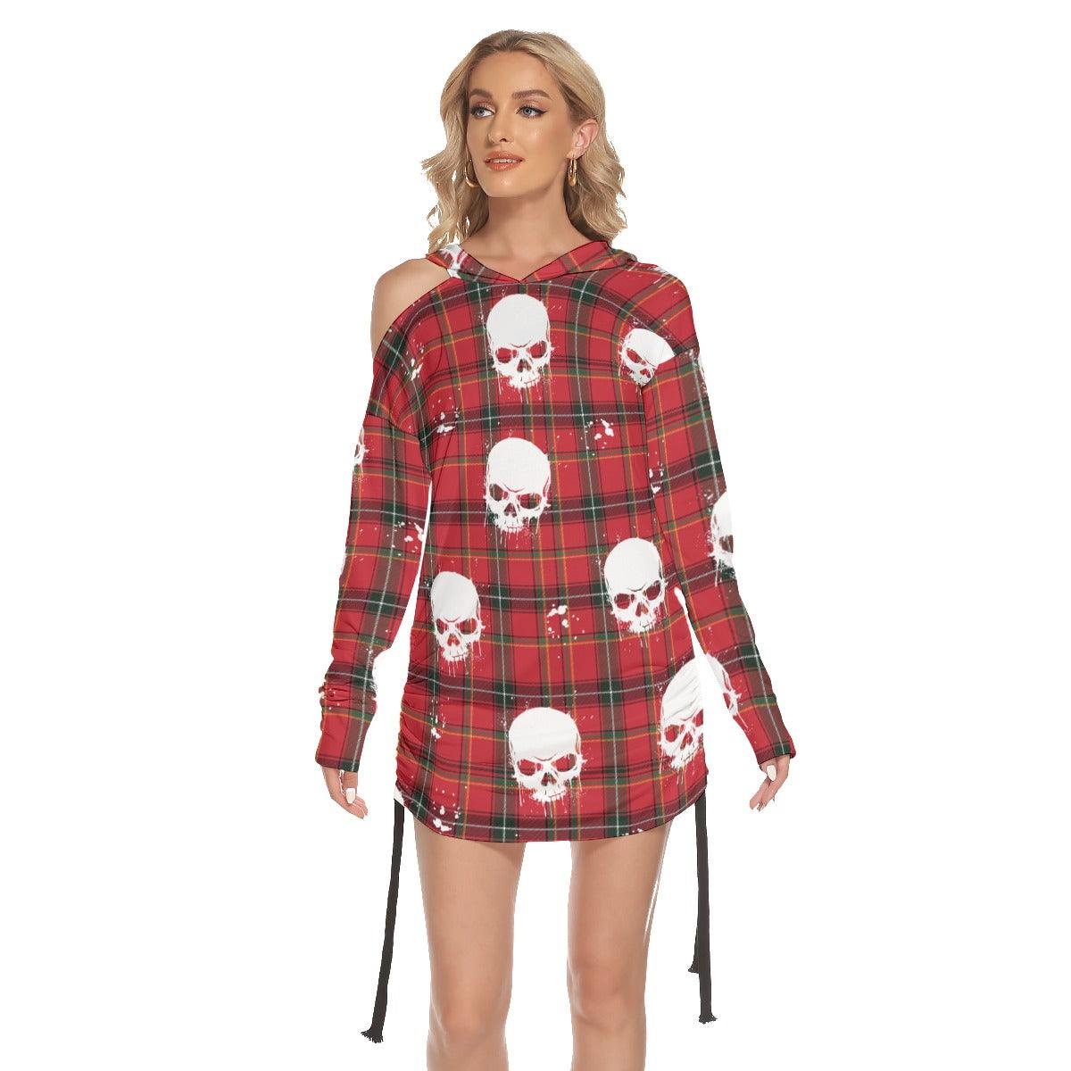 Christmas Red White Water Skull Print Open Shoulder Dress - Wonder Skull