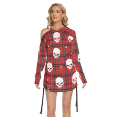 Christmas Red White Water Skull Print Open Shoulder Dress - Wonder Skull