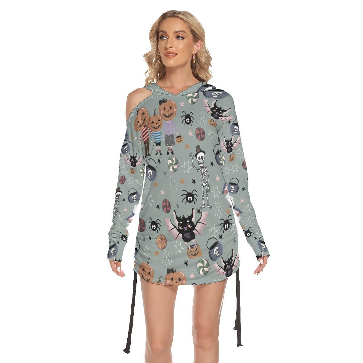 Halloween Funny Pumpkin All-Over Print Women One Shoulder Dress With Waist Shirring, Hot Long Hoodie - Wonder Skull