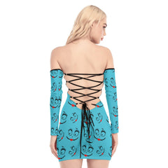 Nightmare Pattern Blue Off-shoulder Back Lace-up Dress - Wonder Skull