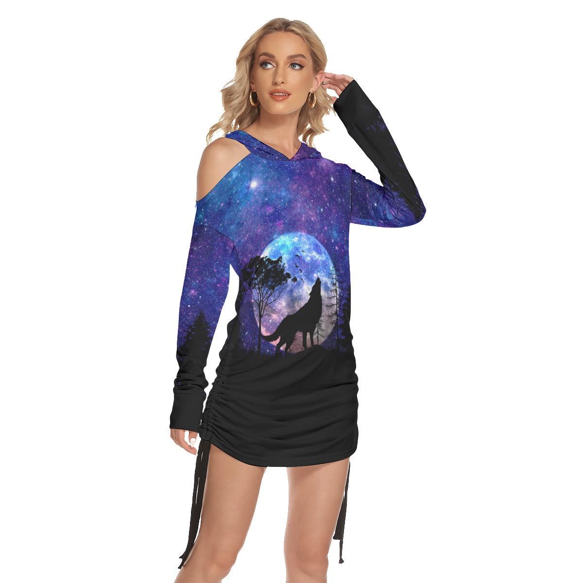 Night Moon Wolf All Over Print Women One Shoulder Dress With Waist Shirring, Long Hoodie For Women - Wonder Skull