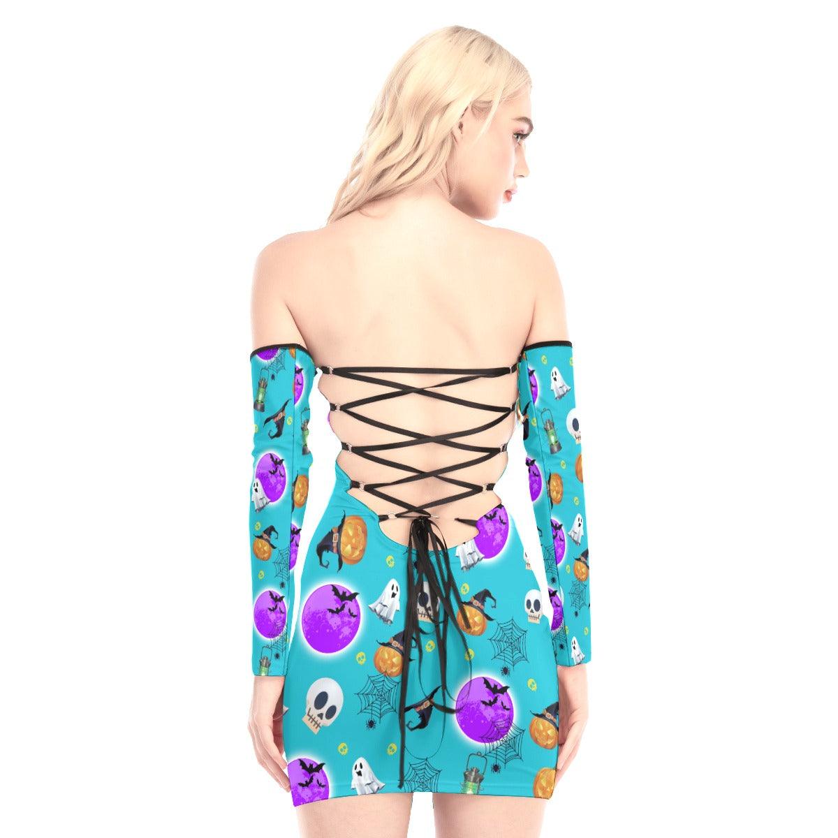 Cyan Halloween Pattern Off-shoulder Back Lace-up Dress - Wonder Skull