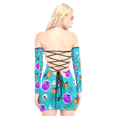 Cyan Halloween Pattern Off-shoulder Back Lace-up Dress - Wonder Skull