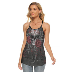 Dark Gothic Skull Rose Criss-Cross Open Back Tank Top, Coolest T-Shirt For Women - Wonder Skull