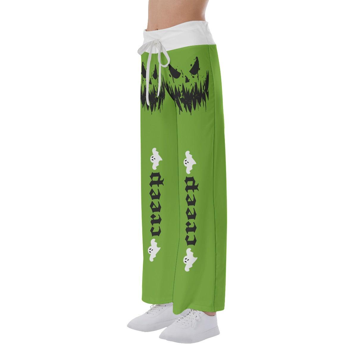 Green Skull Creep Creep High-waisted Wide Leg Pants - Wonder Skull