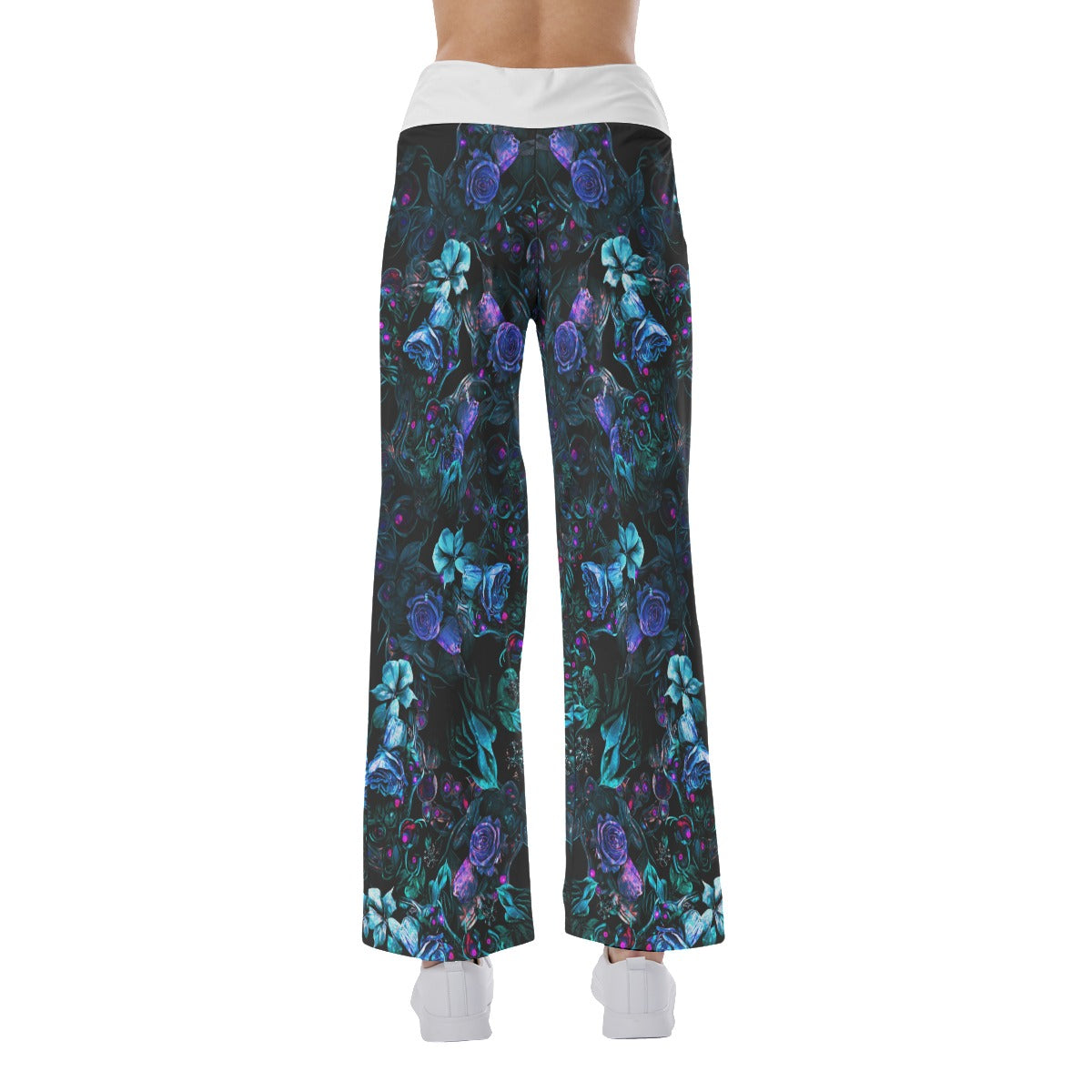 Dark Blue Skull Rose Gothic Women's High-waisted Wide Leg Pants | Wonder Skull
