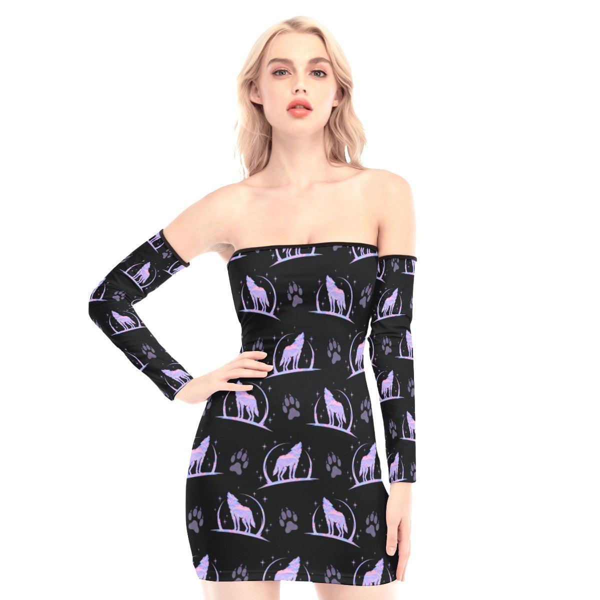 Holography Wolf Pattern Off-shoulder Back Lace-up Dress - Wonder Skull