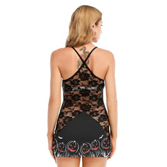 Halloween Red & White Pumpkin All-Over Print Women Black Lace Cami Dress, Slay Nightwear For Women - Wonder Skull