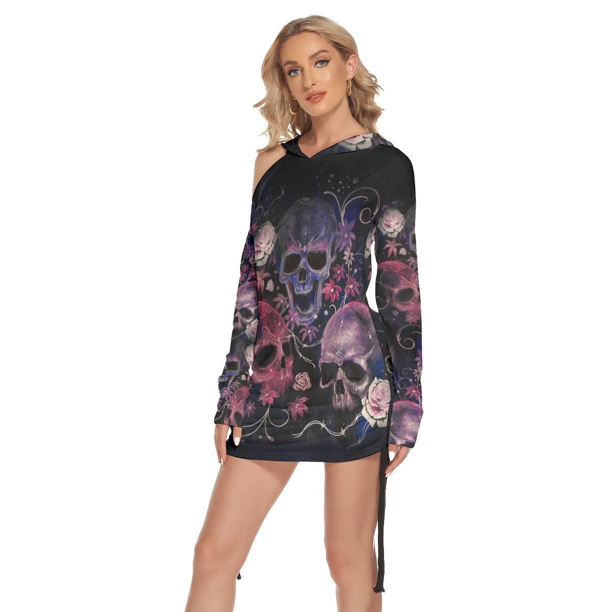 Flower Pattern Colorful Skull Print Open Shoulder Dress - Wonder Skull