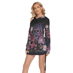 Flower Pattern Colorful Skull Print Open Shoulder Dress - Wonder Skull