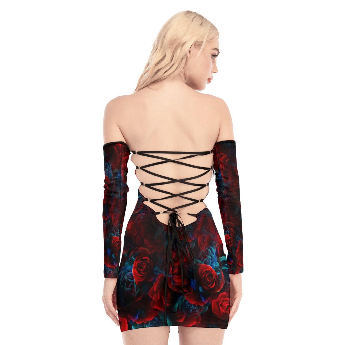 Skull Rose Red Blue Gothic Off-shoulder Back Lace-up Dress - Wonder Skull