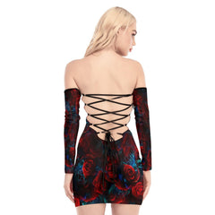 Skull Rose Red Blue Gothic Off-shoulder Back Lace-up Dress - Wonder Skull