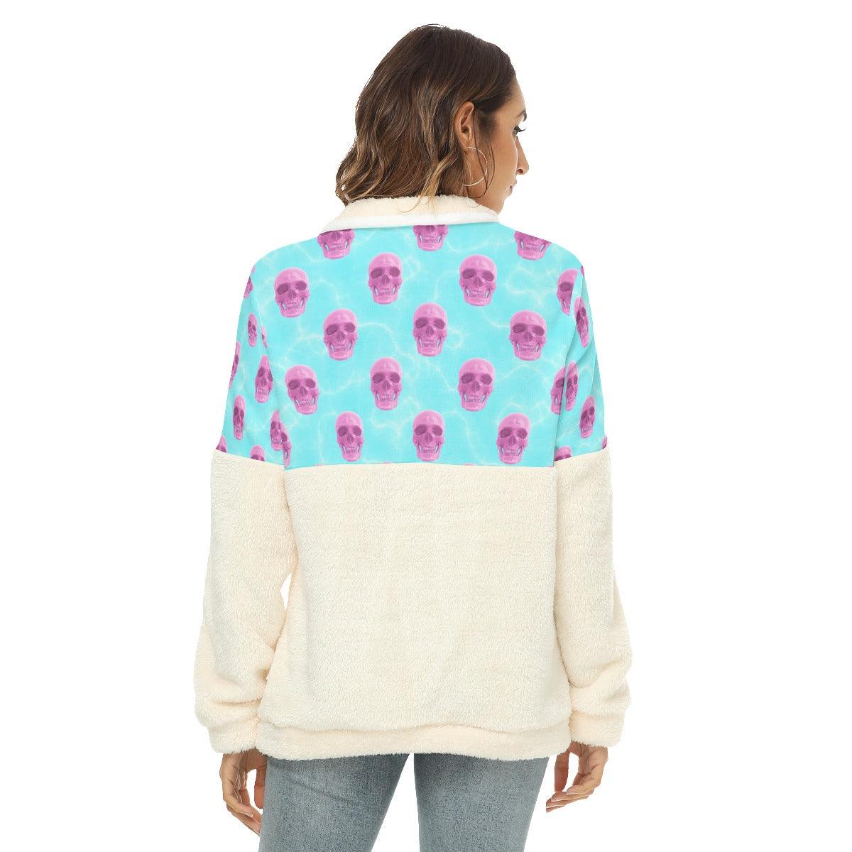 Pink Blue Skull Pattern Fleece Sweatshirt With Half Zip - Wonder Skull